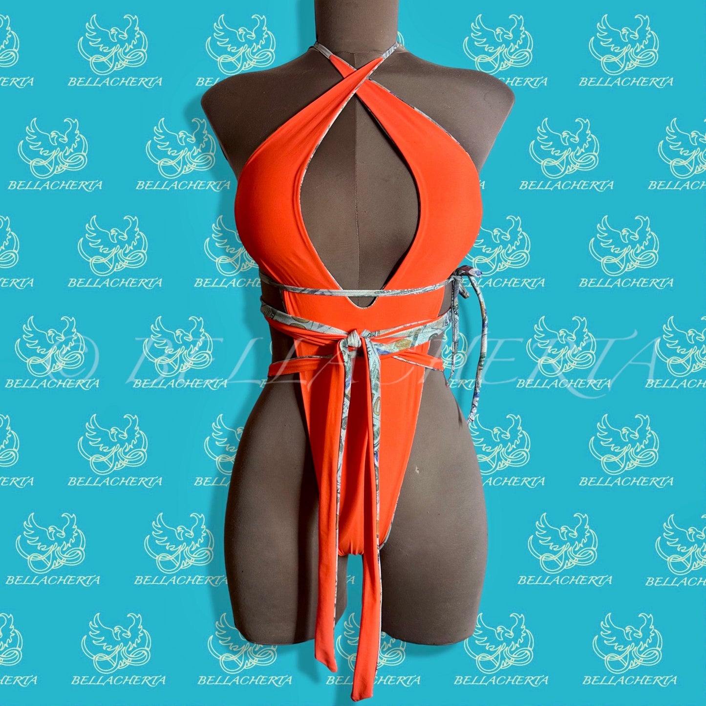 Reversible Double-sided Sexy One-piece Plunging Neck Halter Backless Open Sides Swimwear Beachwear Orange