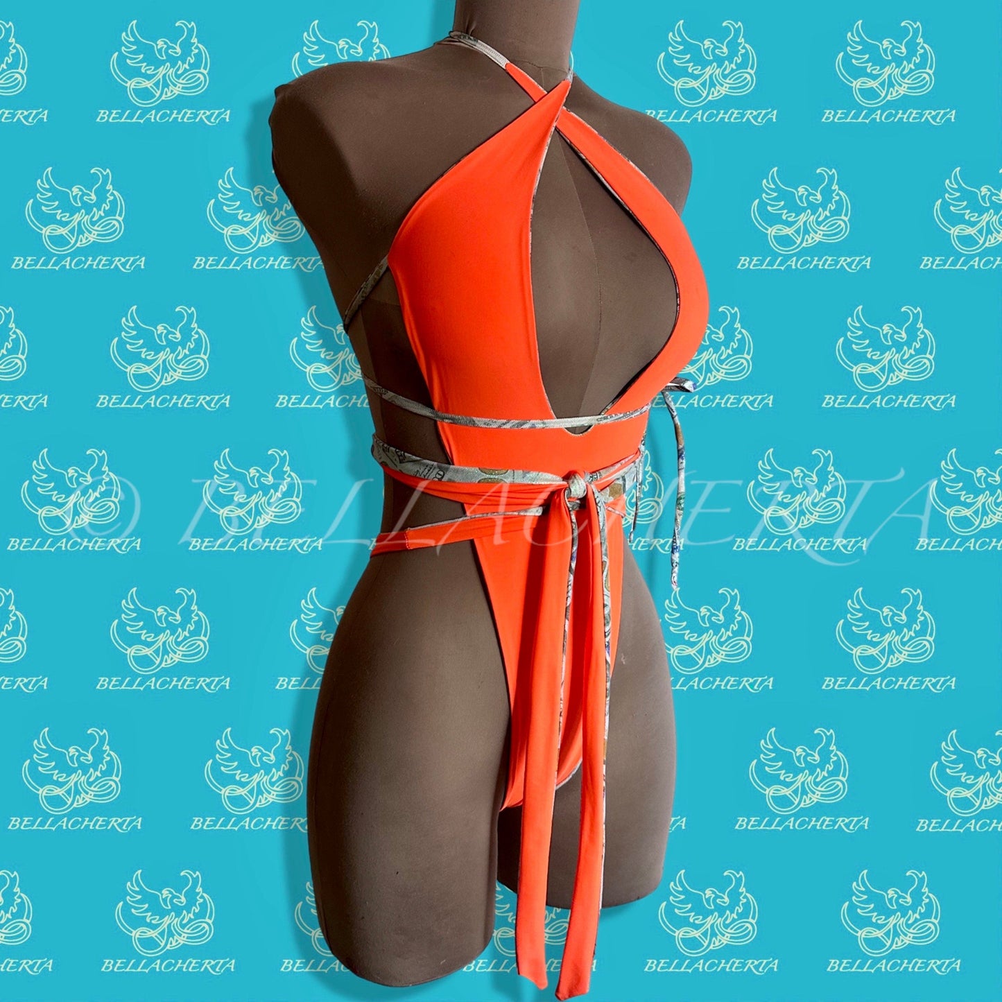 Reversible Double-sided Sexy One-piece Plunging Neck Halter Backless Open Sides Swimwear Beachwear Orange