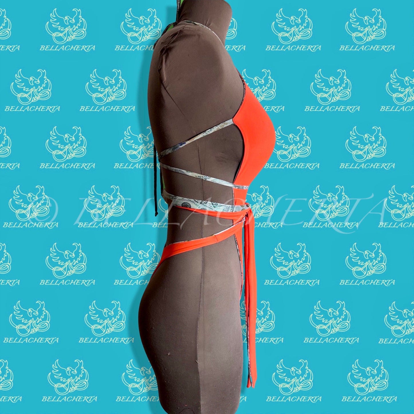 Reversible Double-sided Sexy One-piece Plunging Neck Halter Backless Open Sides Swimwear Beachwear Orange