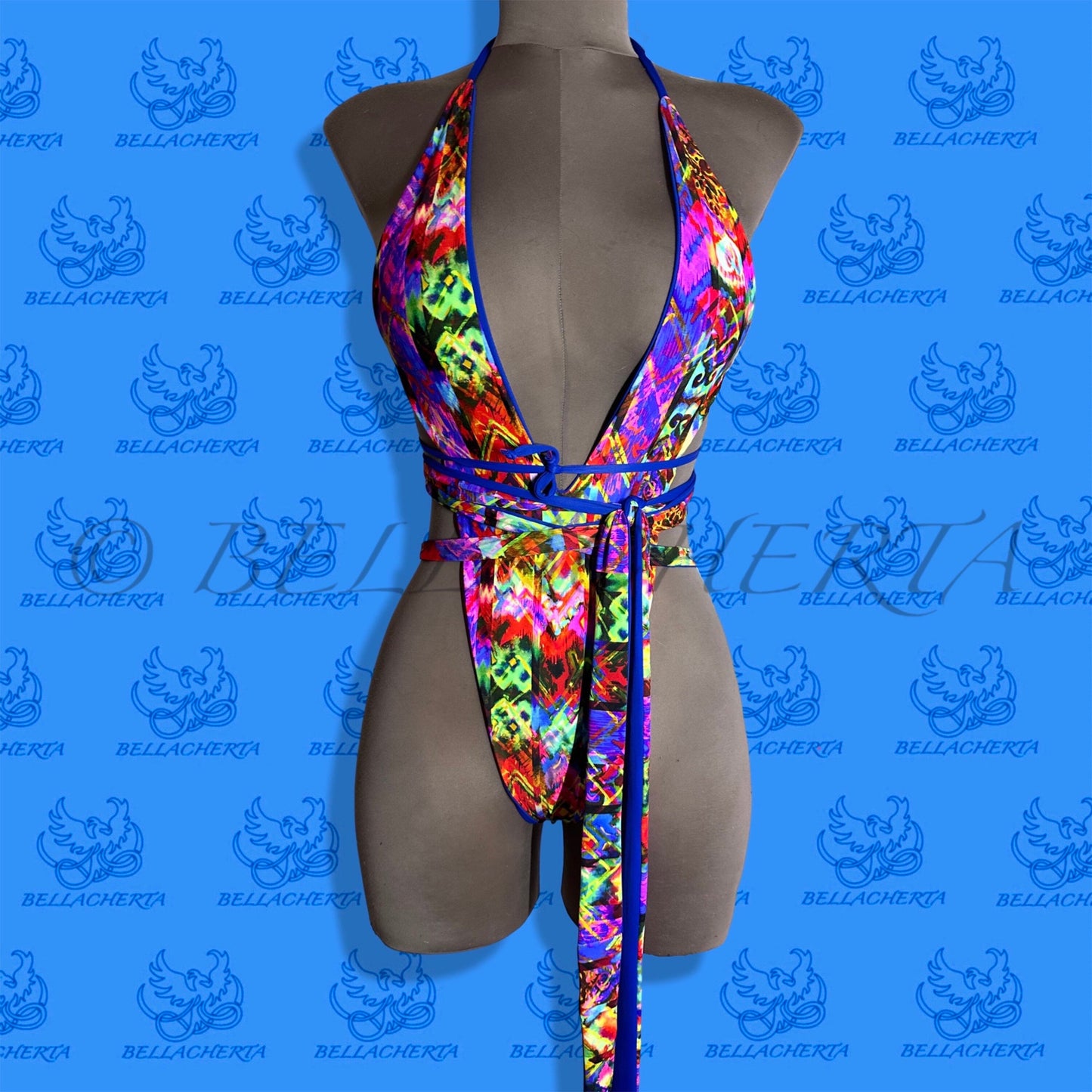 Reversible Double-sided Sexy One-piece Plunging Neck Halter Backless Open Sides Swimwear Beachwear Blue