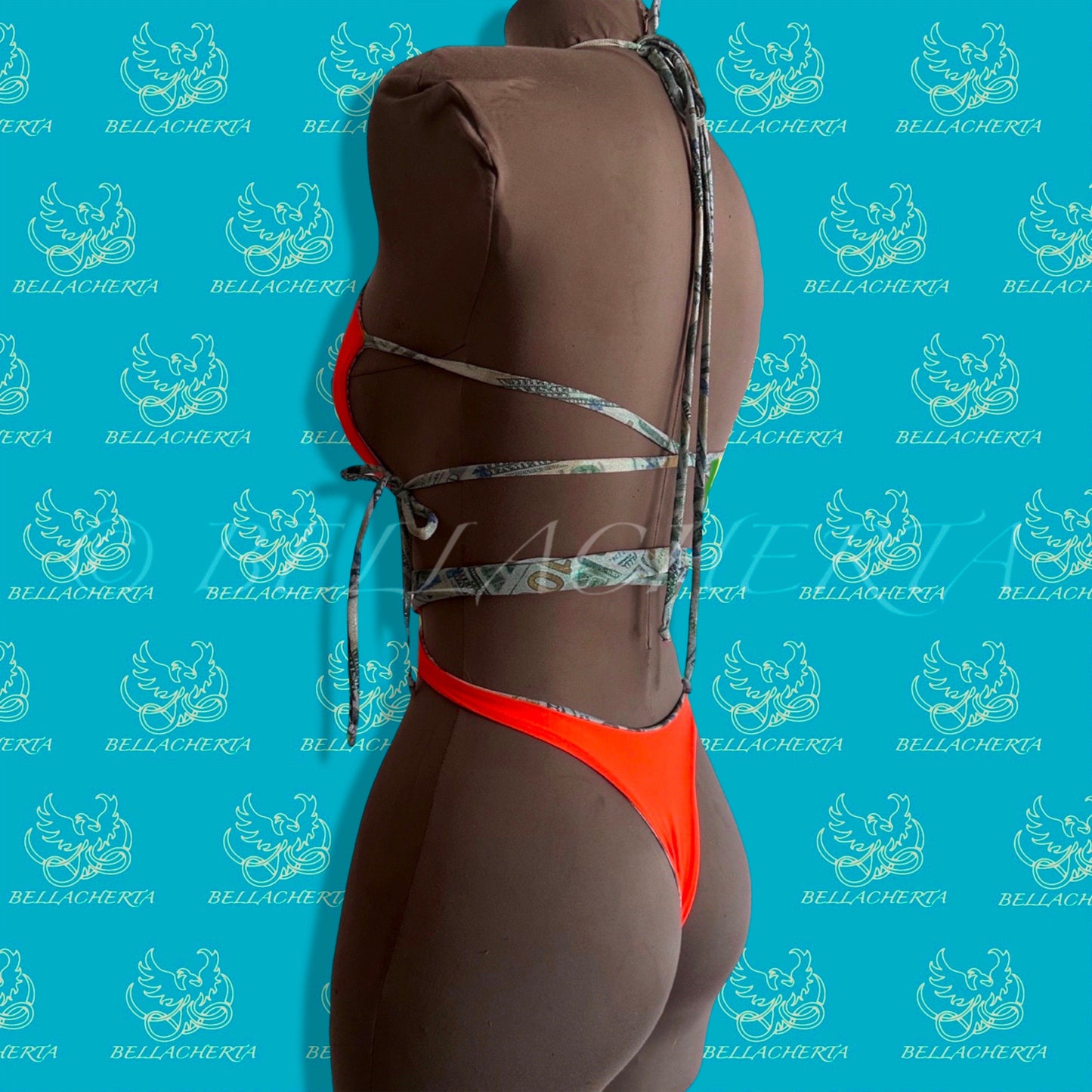 Reversible Double-sided Sexy One-piece Plunging Neck Halter Backless Open Sides Swimwear Beachwear Orange