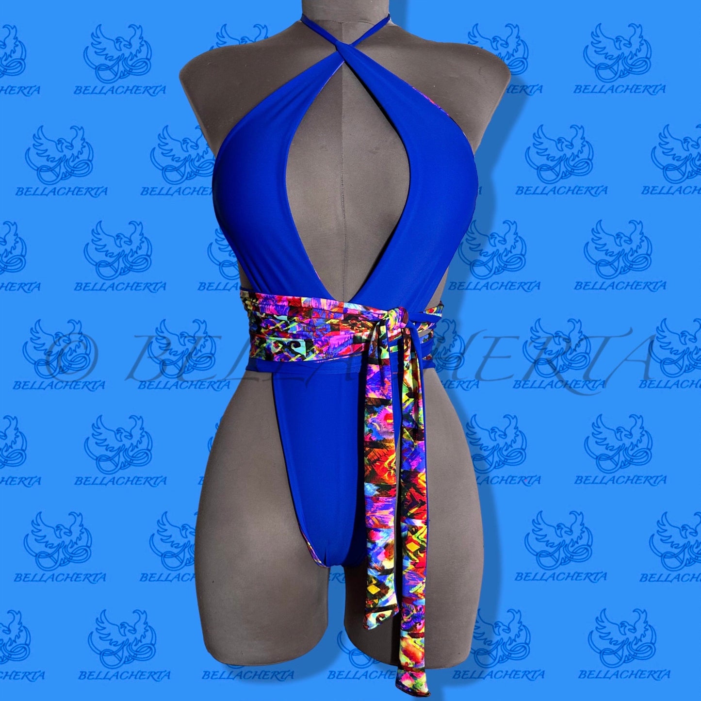 Reversible Double-sided Sexy One-piece Plunging Neck Halter Backless Open Sides Swimwear Beachwear Blue