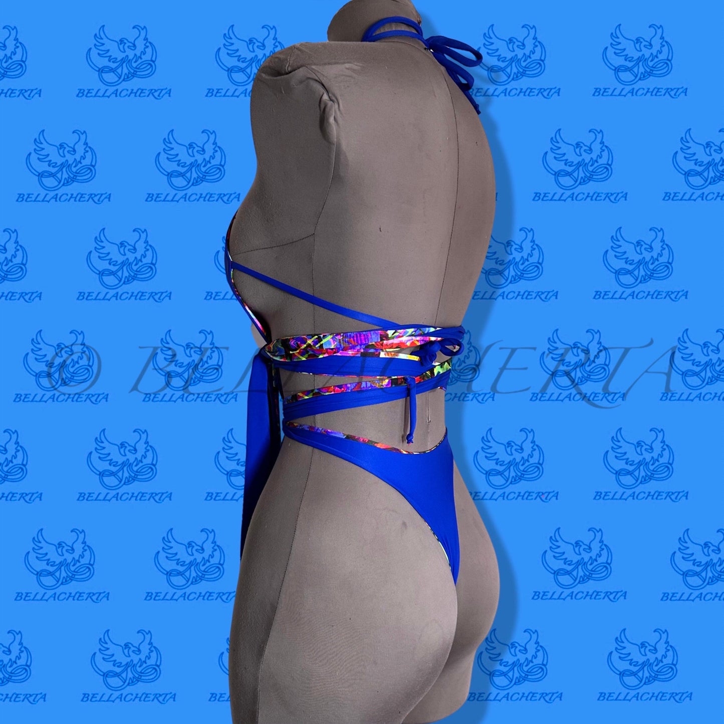 Reversible Double-sided Sexy One-piece Plunging Neck Halter Backless Open Sides Swimwear Beachwear Blue