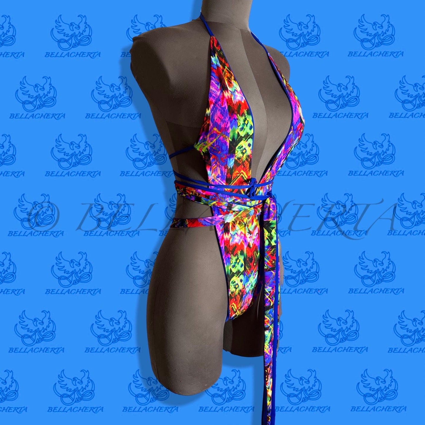 Reversible Double-sided Sexy One-piece Plunging Neck Halter Backless Open Sides Swimwear Beachwear Blue