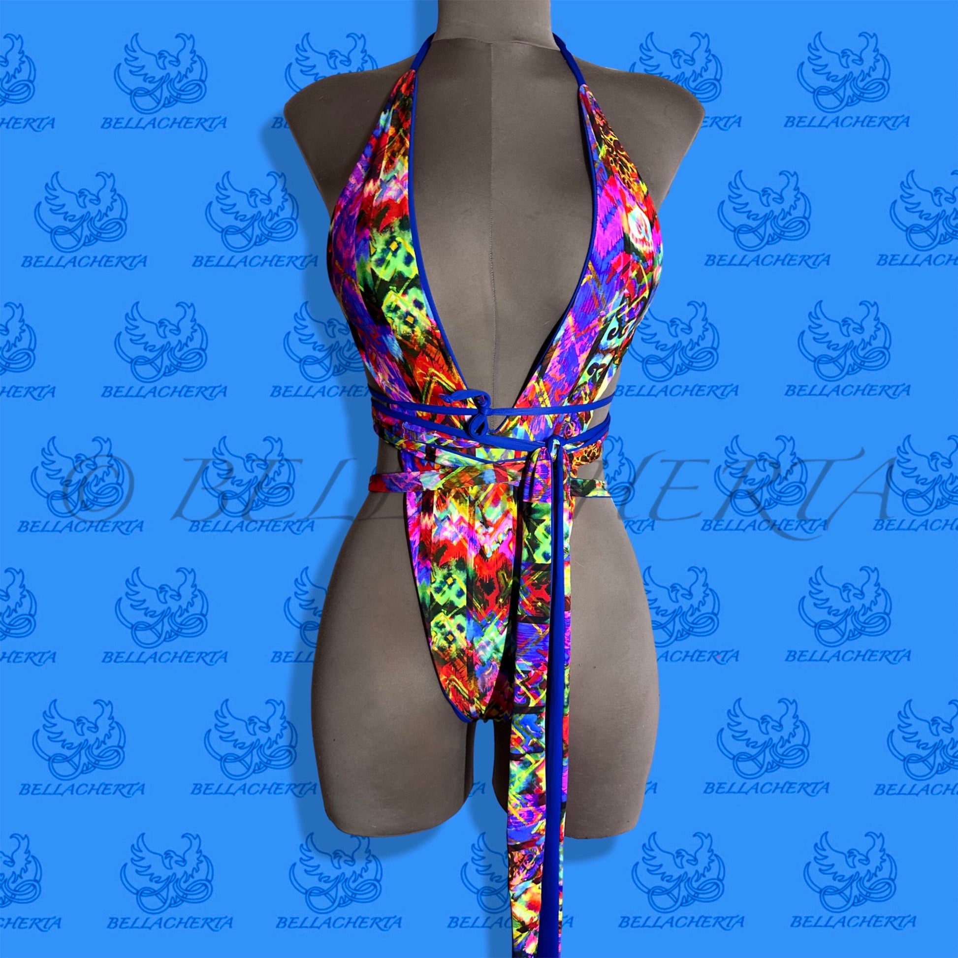 Reversible Double-sided Sexy One-piece Plunging Neck Halter Backless Open Sides Swimwear Beachwear Blue
