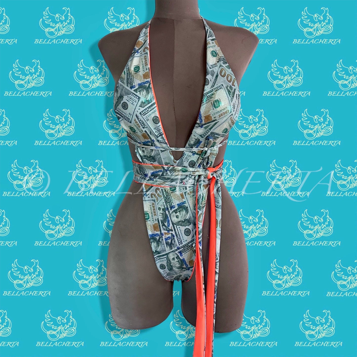 Reversible Double-sided Sexy One-piece Plunging Neck Halter Backless Open Sides Swimwear Beachwear Orange