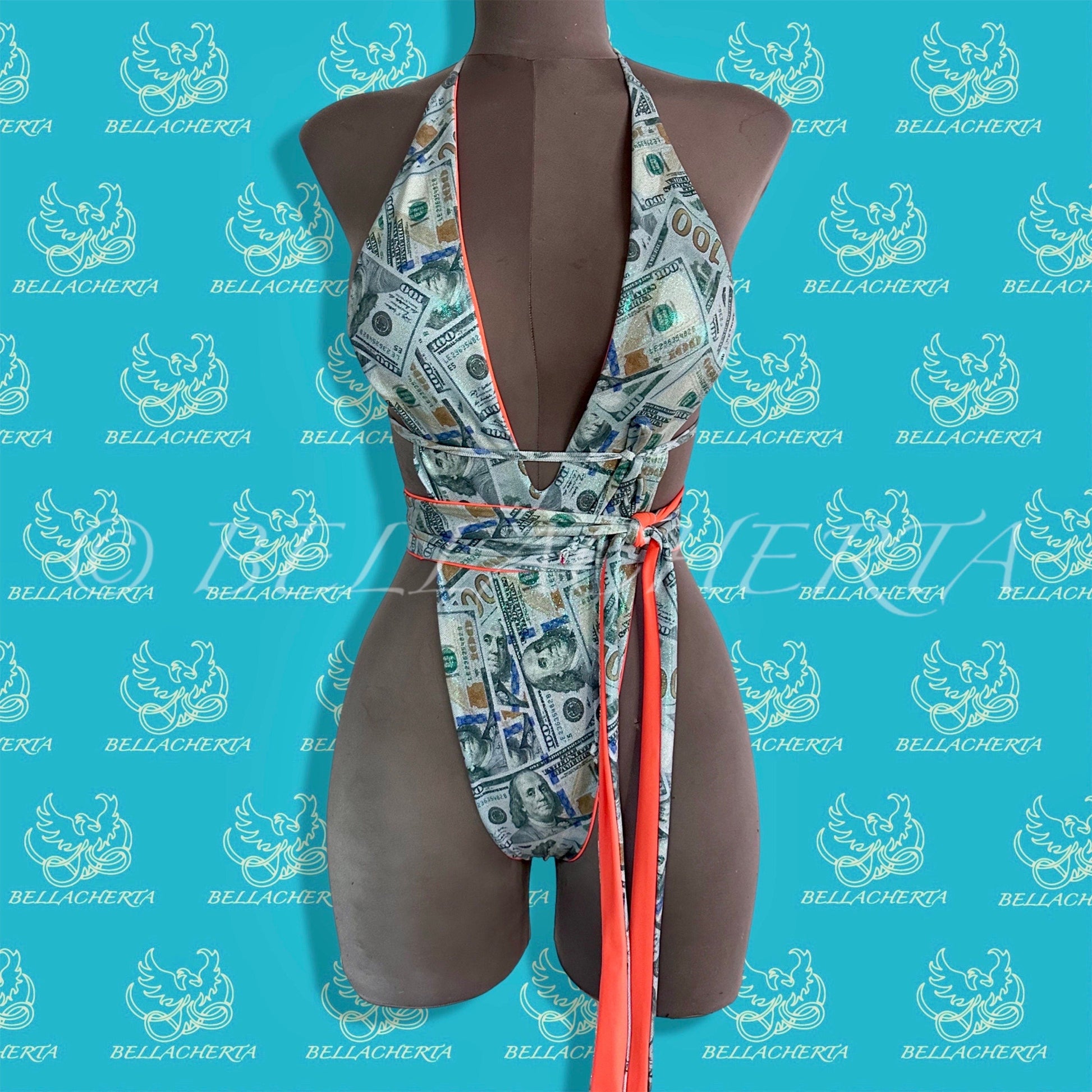Reversible Double-sided Sexy One-piece Plunging Neck Halter Backless Open Sides Swimwear Beachwear Orange