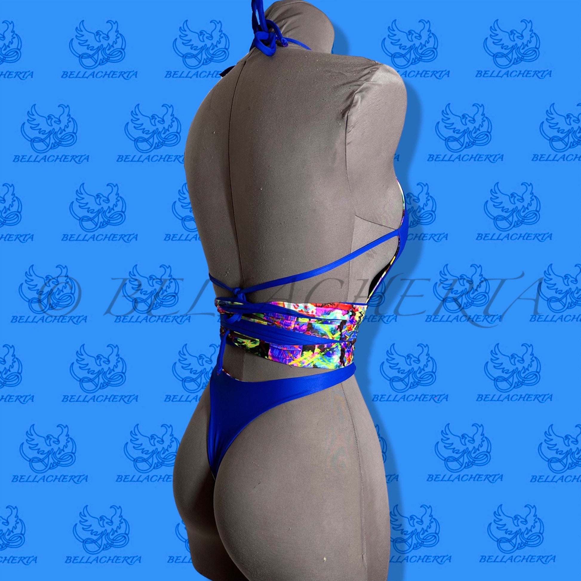 Reversible Double-sided Sexy One-piece Plunging Neck Halter Backless Open Sides Swimwear Beachwear Blue