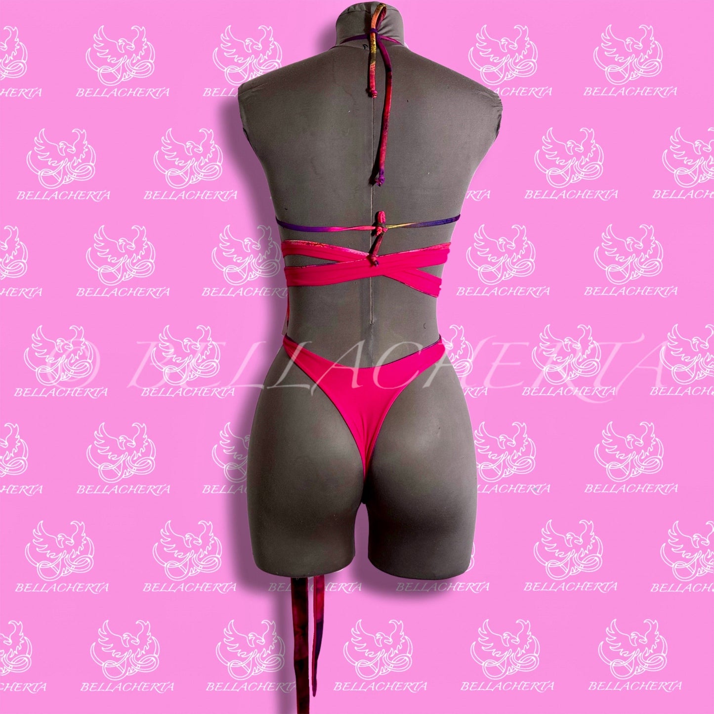 Reversible Double-sided Sexy Plunging Neck Halter Backless Open Sides Swimsuit, Exotic Dancewear Red Abstract